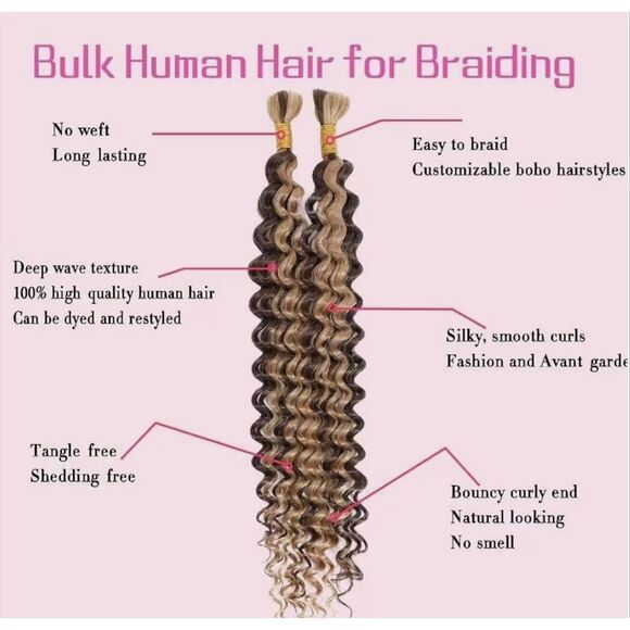 Highlight Deep Wave Bulk Human Hair for Braiding 24” 100% Unprocessed Brazilian - Picture 2 of 10